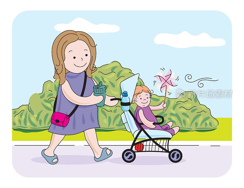 拿着咖啡的女人推着婴儿车，一个蹒跚学步的孩子手里拿着一个风车