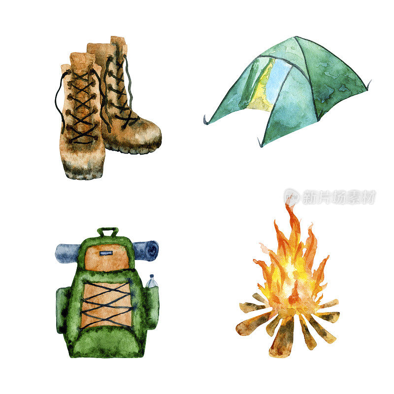 水彩露营装备-帐篷，营火，靴子，白底背包