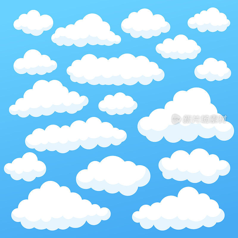 蓝天上孤立的卡通云全景集。云景在蓝天下，白云插画