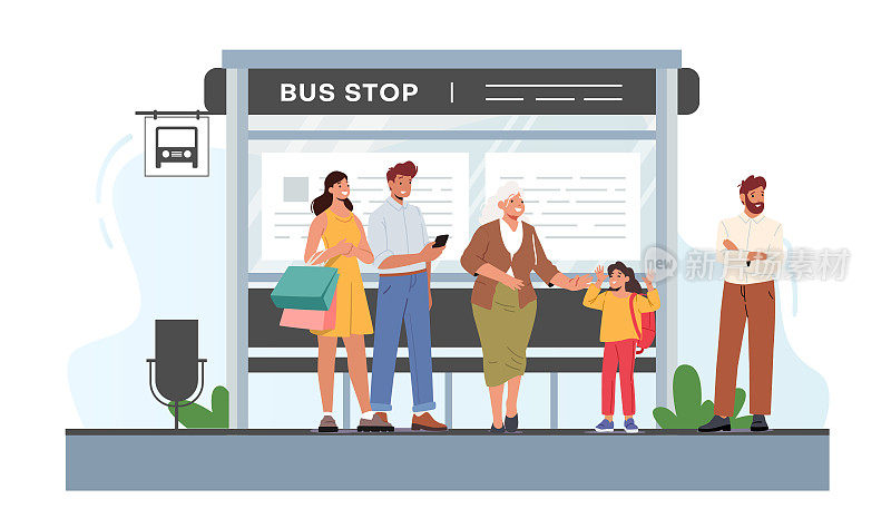 在公共汽车站等车的人，男人，女人，奶奶和孩子的人物在户外通勤运输站城市景观
