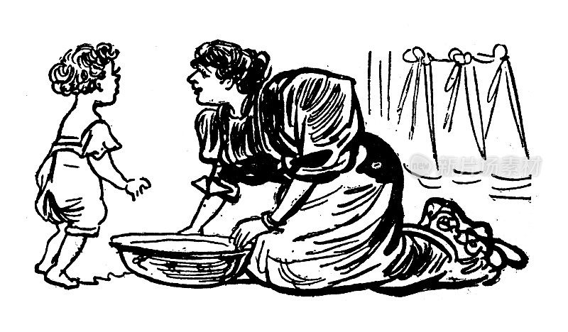 古董插图:女人和孩子