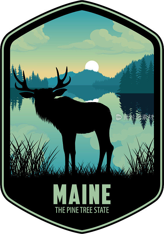 缅因州矢量标签与驼鹿在卡塔丁森林和水域国家纪念碑