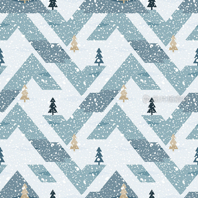 抽象的单色几何雪景与山和松树。节日无缝矢量插图在冬天的颜色。