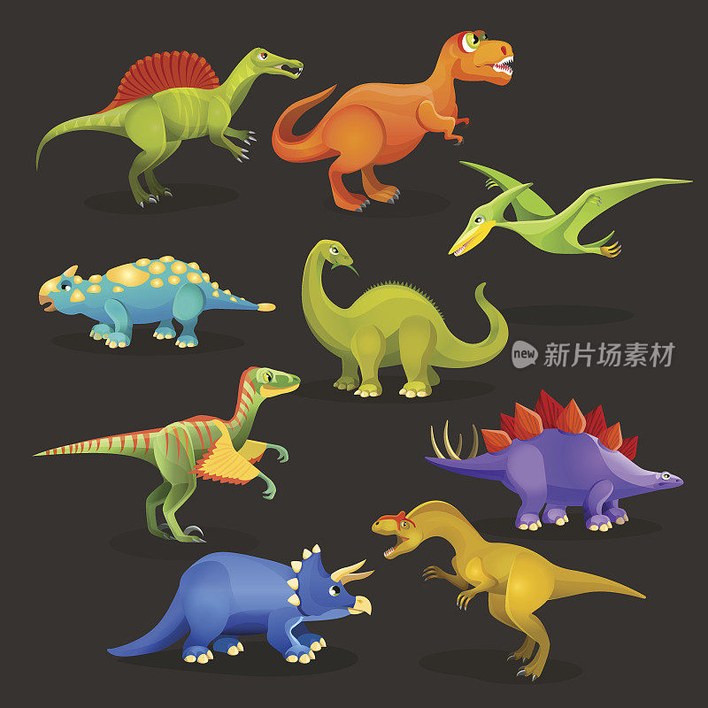 侏罗纪时期有各种各样的恐龙。有趣的卡通动物