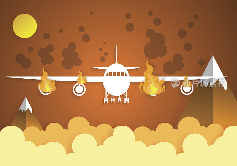 坠落的受损飞机与天空一起着火。纸艺术