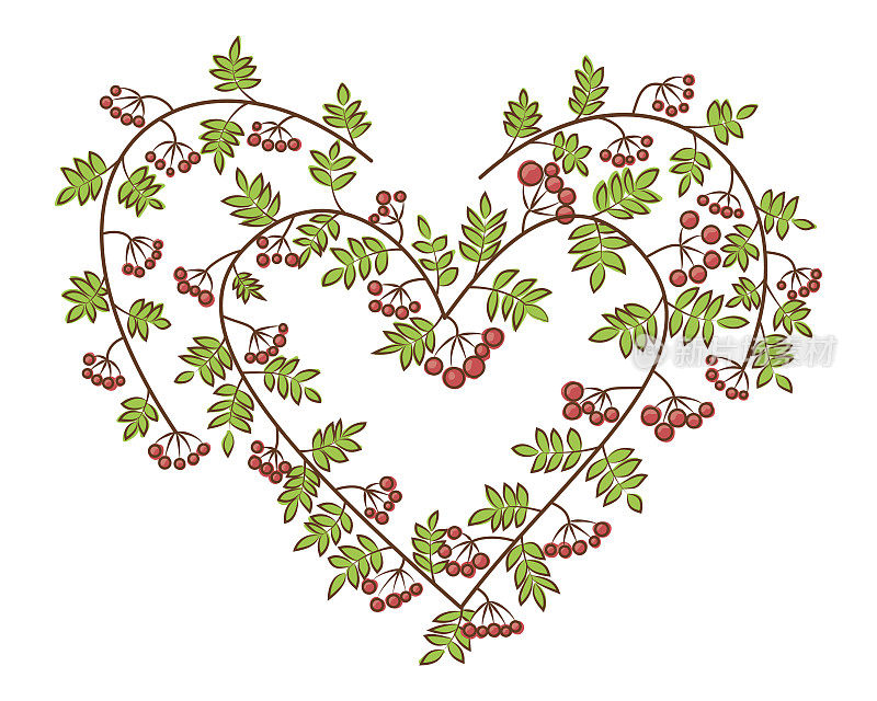 罗文莓在心形矢量插图。树枝上有叶子和红色的浆果。