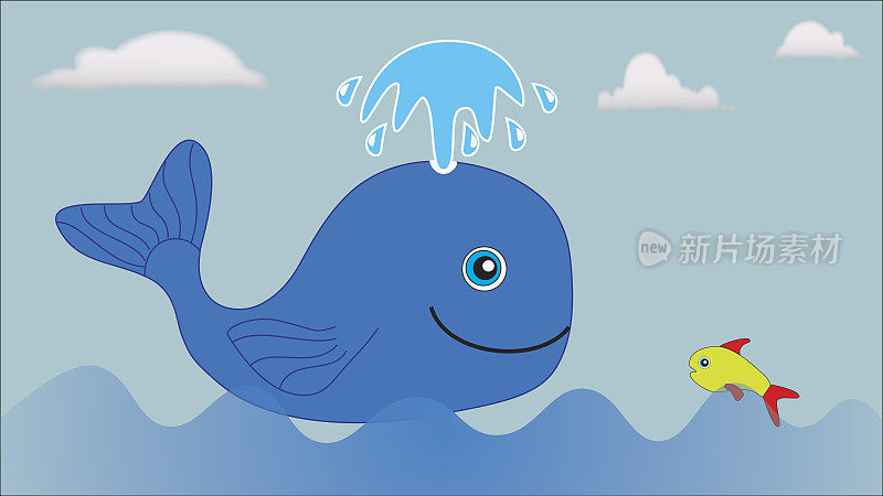 大海里漂浮着一只大蓝鲸和一条小鱼。