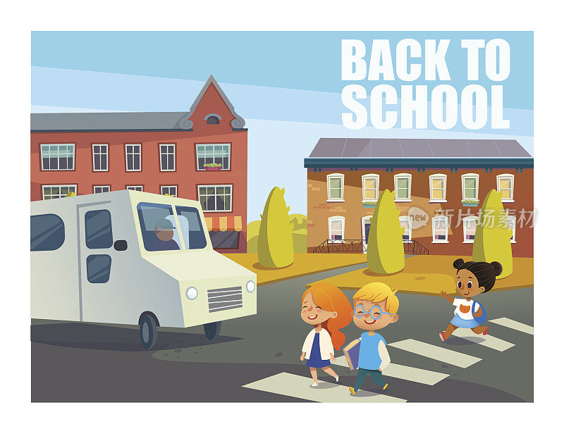 微笑的孩子在公共汽车前过马路。快乐的孩子们走在人行横道对着建筑的背景。回到学校的概念。矢量插图网站，横幅，广告。