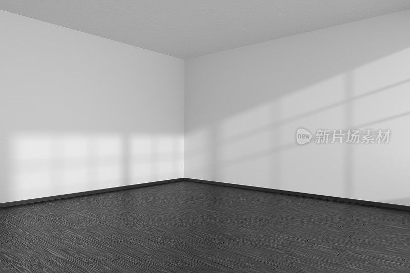 空房间的角落，黑色拼花地板，白色墙壁