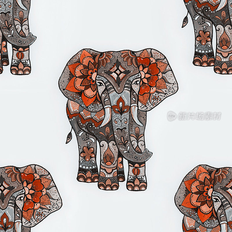 白色背景上的红色大象的无缝图案。