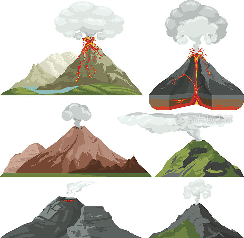 用岩浆和热熔岩把火山喷发出来。火山爆发与尘埃云向量集