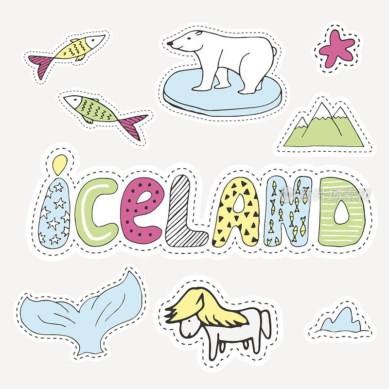 手绘卡通冰岛设置矢量插图标签在补丁风格。刺绣，贴纸或别针