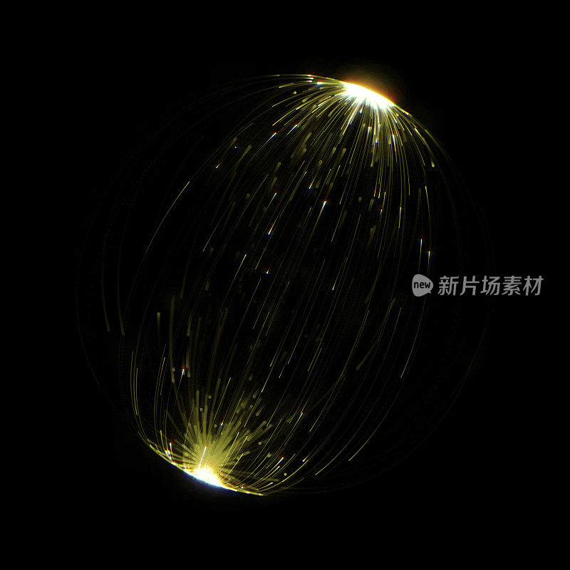 抽象的金色光效应，金色光线从透明球体的极点射出。