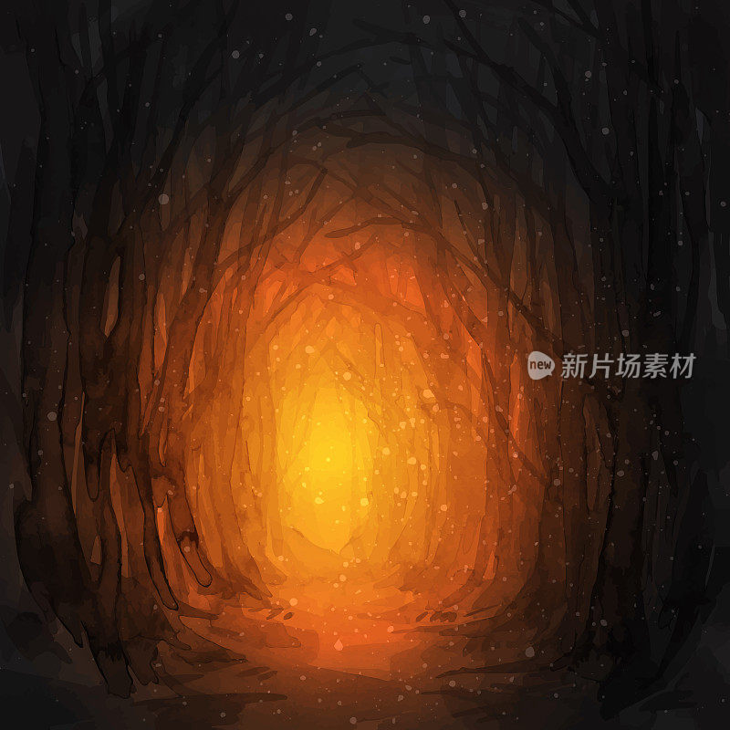 幽灵森林小径，水彩插图。