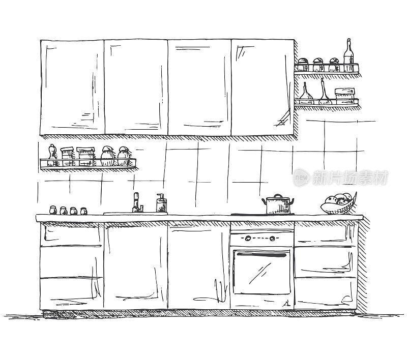 手绘厨房家具。矢量插图在素描风格