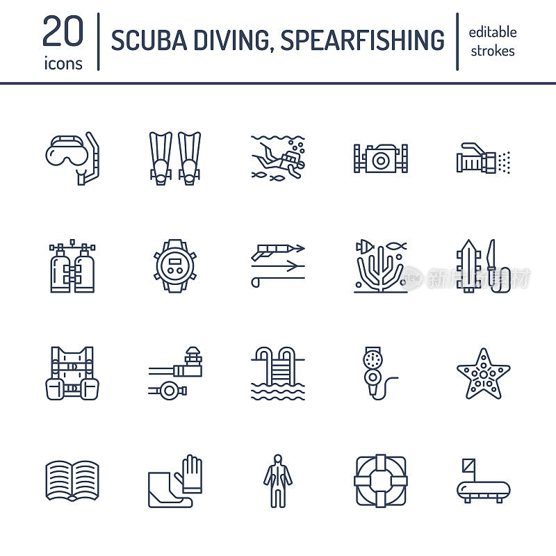 水肺潜水，浮潜线图标。鱼叉捕鱼设备，面罩，管子，脚蹼，泳衣。水上运动瘦线形标志