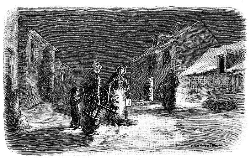 19世纪的一幅版画，描绘的是一个漆黑的夜晚，在厚厚的积雪中，乡村妇女背着她们的纺车走向一间灯火辉煌的小屋;维多利亚时代的乡村生活和家庭手工业