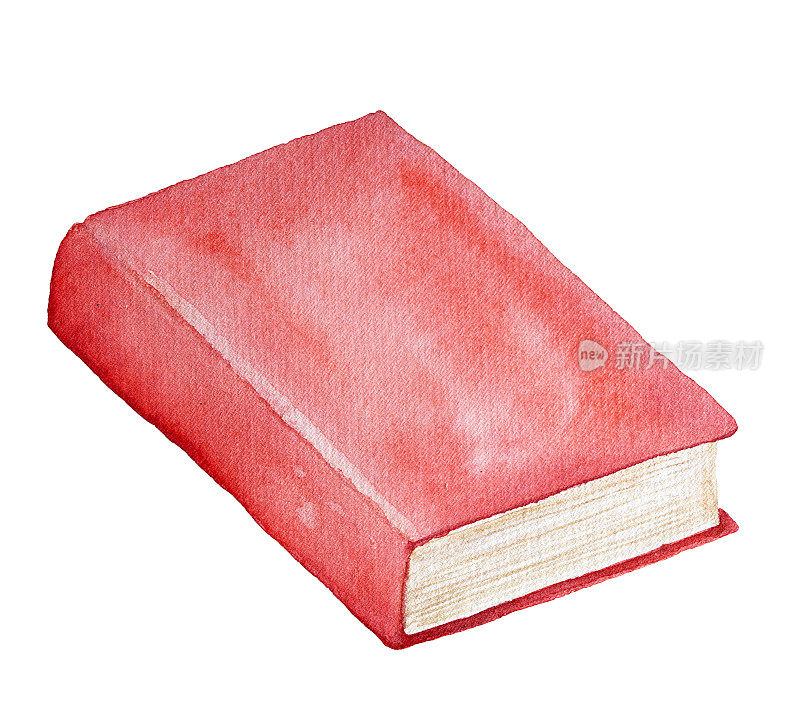 水彩书插图。红色封面，封闭，干净的脊背，米黄色的书页，老化的磨损痕迹，从上面看。