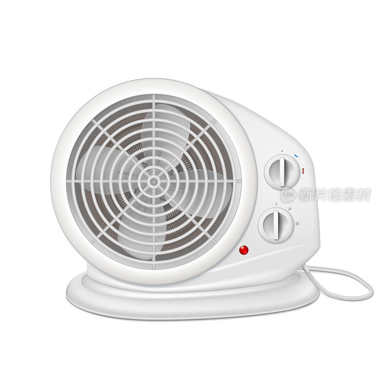 带风扇的电加热器，暖气片装置，用于空间加热。家用电线加热器的图标。3D插图孤立在白色背景