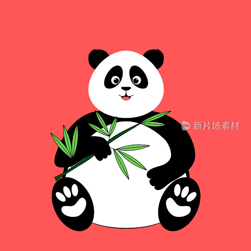 可爱的卡通熊猫在吃竹叶