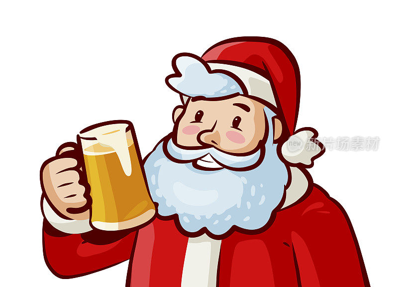 手捧一大杯新鲜啤酒的圣诞老人快乐。圣诞节,圣诞节的概念。向量的卡通插图