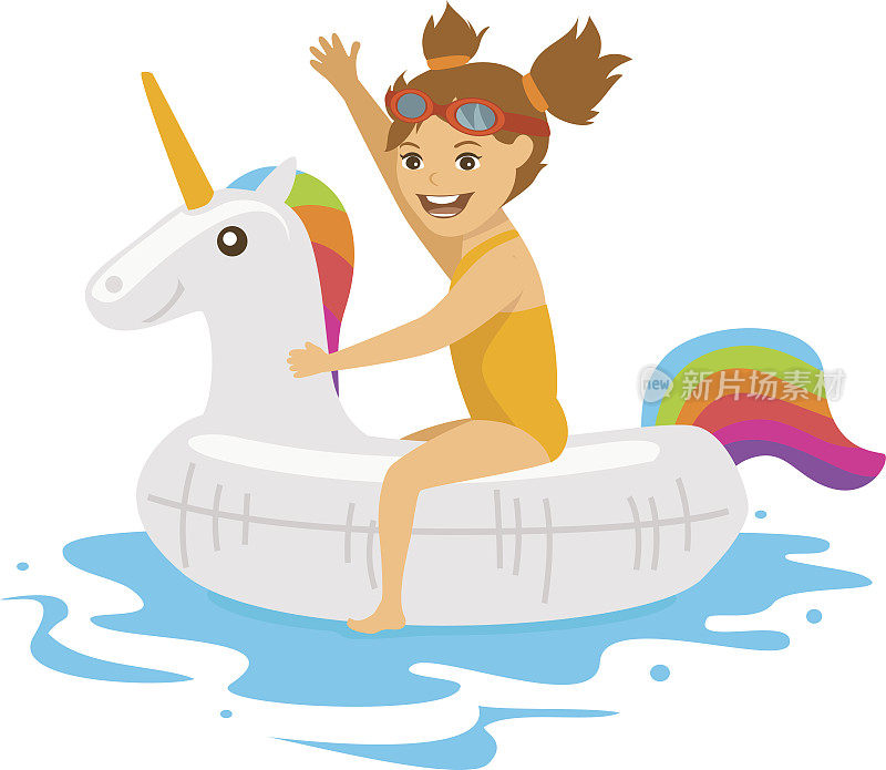 可爱的女孩坐在漂浮着独角兽形状的充气环上游泳