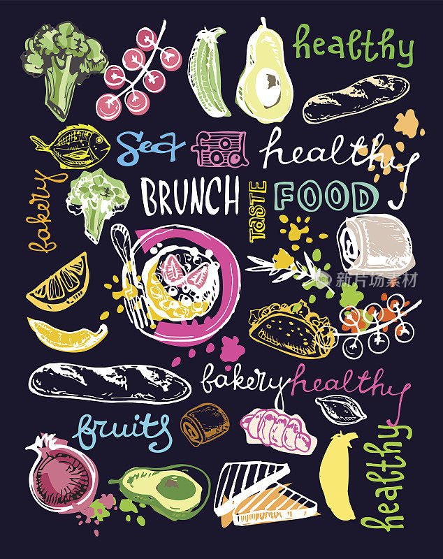 手绘涂鸦食物插图。健康的食物