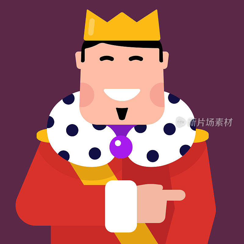 快乐国王的平面插图。可爱的向量威严。孤立在紫色背景上。