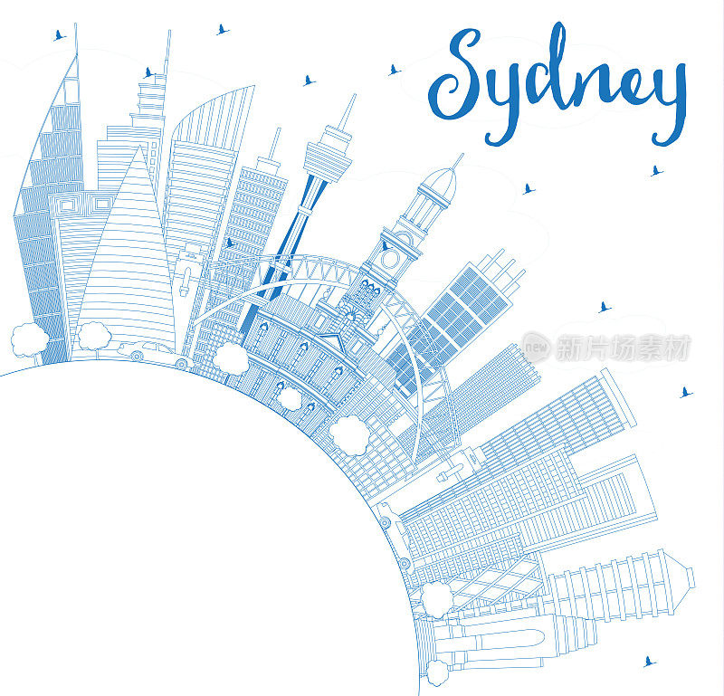 用蓝色建筑和复制空间勾勒出澳大利亚悉尼城市天际线。
