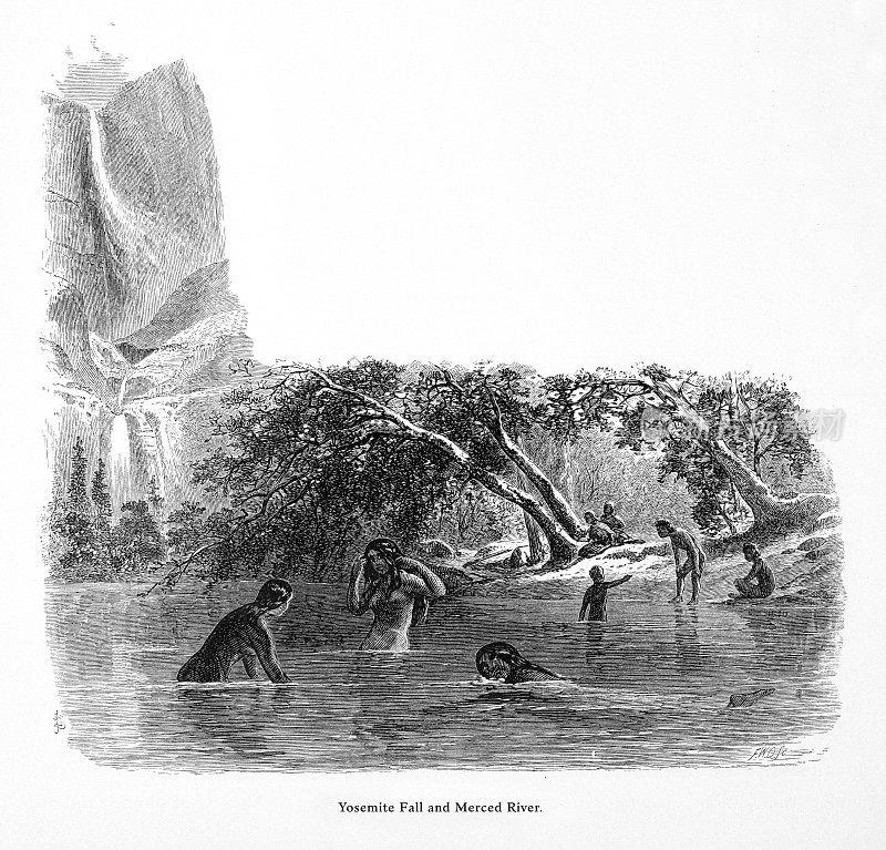 美国原住民在约塞米蒂瀑布和默塞德河游泳，约塞米蒂山谷，约塞米蒂国家公园，内华达山脉，加利福尼亚州，美国维多利亚版画，1872年