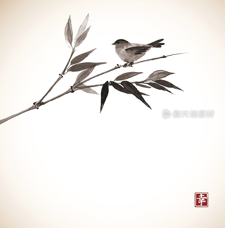 卡片与竹子和鸟在复古的背景