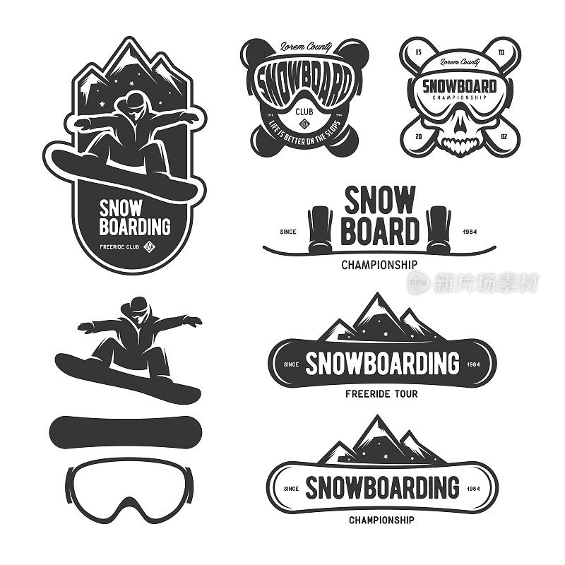 滑雪标签集。冬季运动的象征。向量的插图。