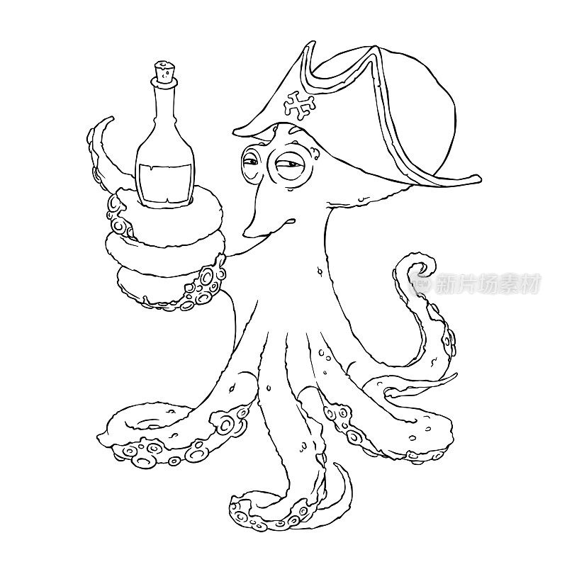 狡猾的章鱼海盗，触手里放着一瓶酒