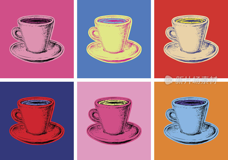 一套咖啡杯矢量插画波普艺术风格