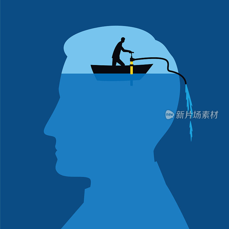 一个人在船上从一个头部的剪影中抽水的插图