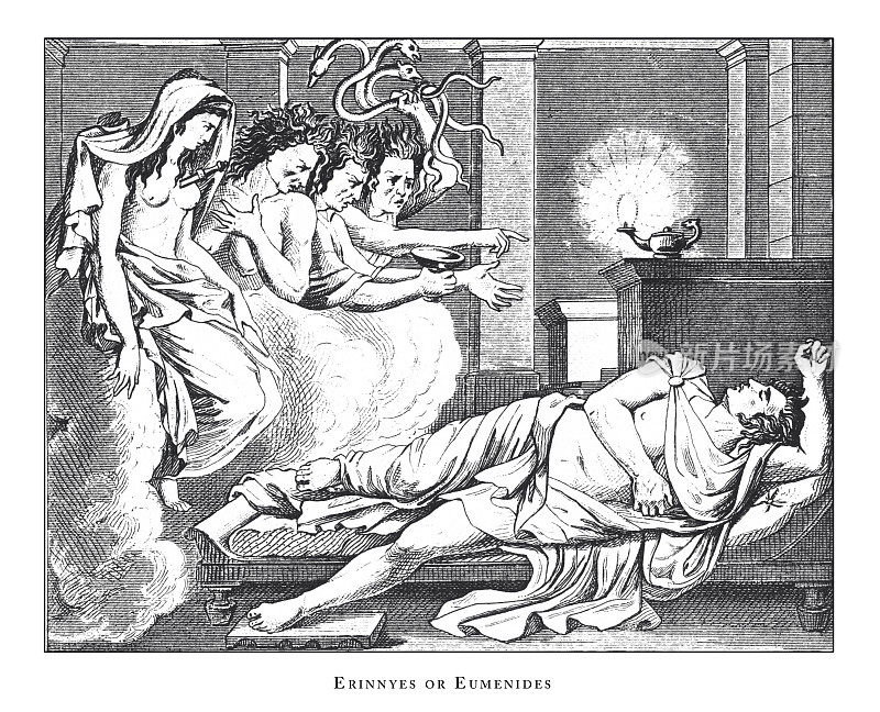 Erinnyes，或Eumenides，神和神话人物雕刻古董插图，出版1851年