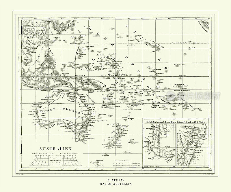 雕刻古董，澳大利亚地图雕刻古董插图，1851年出版