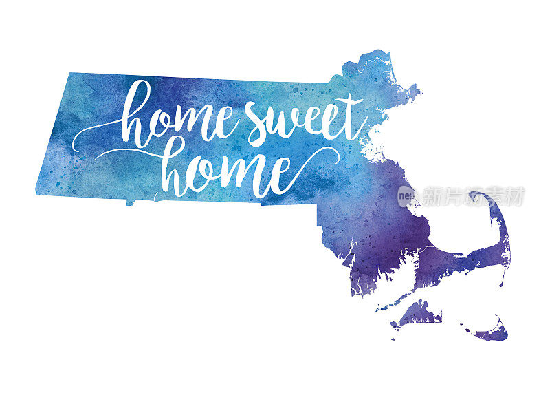 家甜蜜的家水彩栅格地图插图马萨诸塞州
