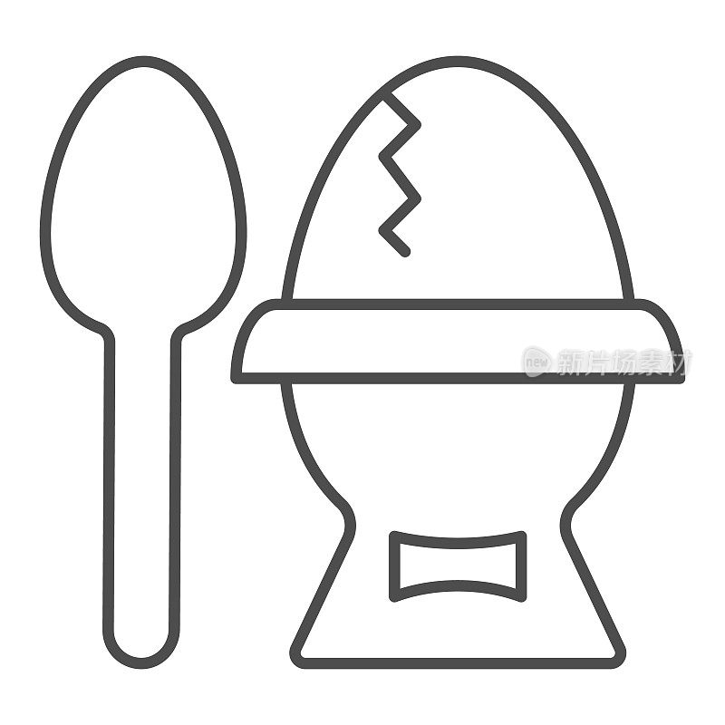 鸡蛋放在架子上，用茶匙细细地划线。煮鸡蛋在一个鸡蛋杯勺子轮廓风格象形文字在白色的背景。鸡蛋早餐的移动概念和网页设计。矢量图形。
