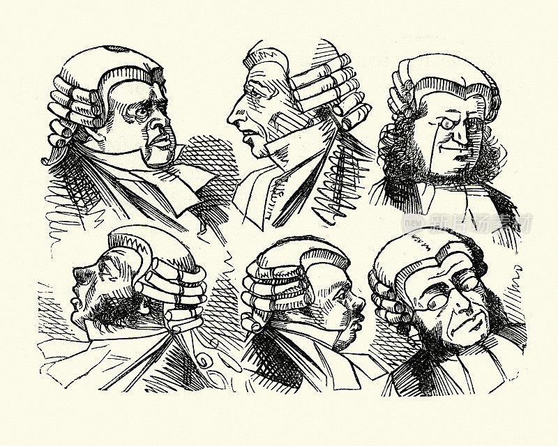 19世纪50年代,维多利亚时期伦敦法院律师的草图