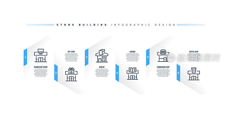 信息图设计模板与商店建筑的关键字和图标