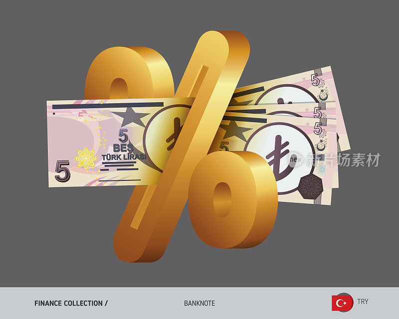 转移到信贷机构以获得利息形式的收入。5土耳其里拉。平面风格矢量插图。