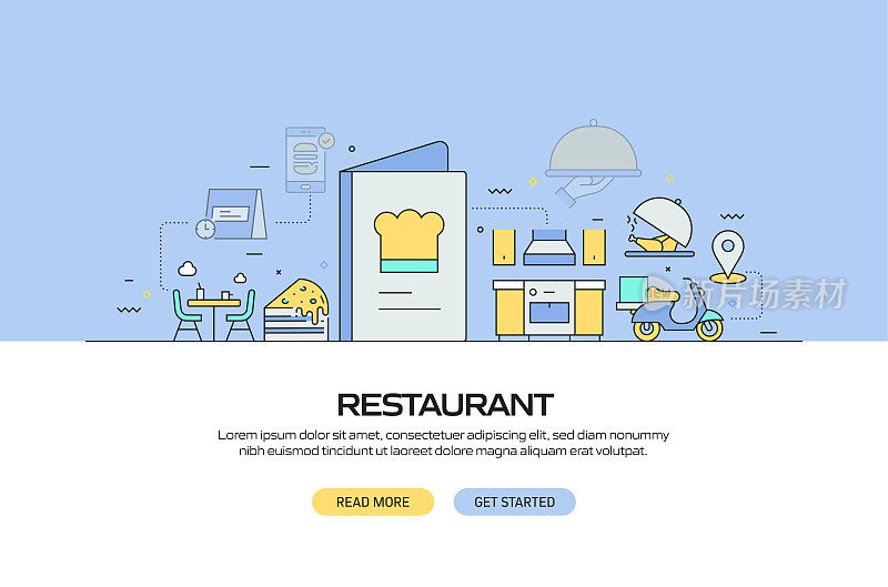 餐厅，食品和饮料相关的现代线条风格网页横幅矢量插图
