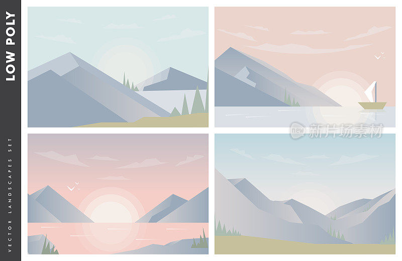 以山峦为背景，以河流或湖泊为前景的日落或黎明的太阳的抽象图像。山的风景。矢量图