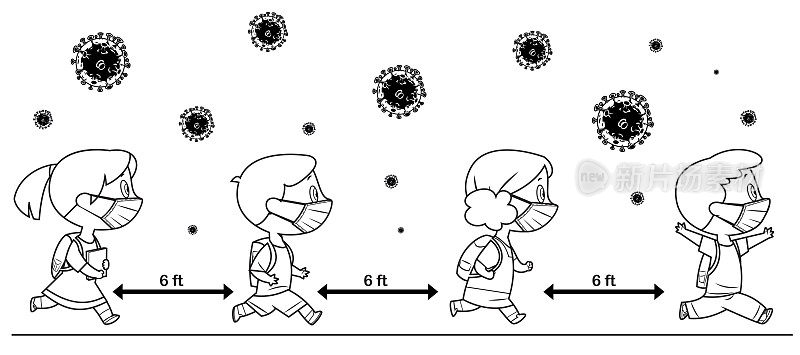 黑与白，回到学校的新正常生活理念。快乐的孩子们戴着面具