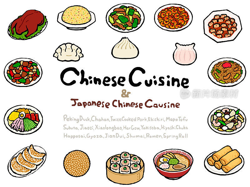 中国菜(和日本中国菜)套装:手绘矢量插图，如木版印刷