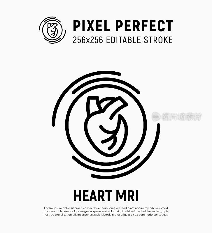 人心脏MRI扫描的图标细线。肿瘤检测用医疗设备。像素完美，可编辑的笔触。矢量插图。