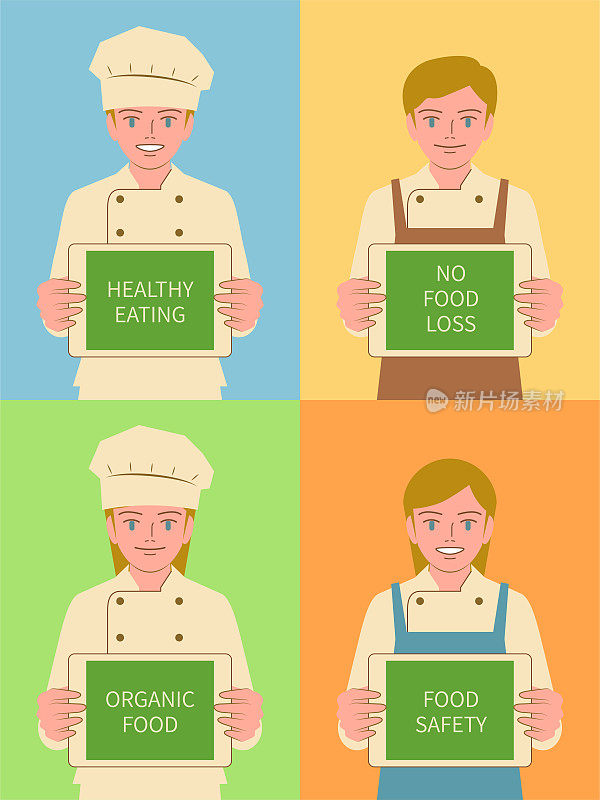 微笑美丽的孩子厨师(男孩和女孩)拿着一个数字平板屏幕显示食物问题