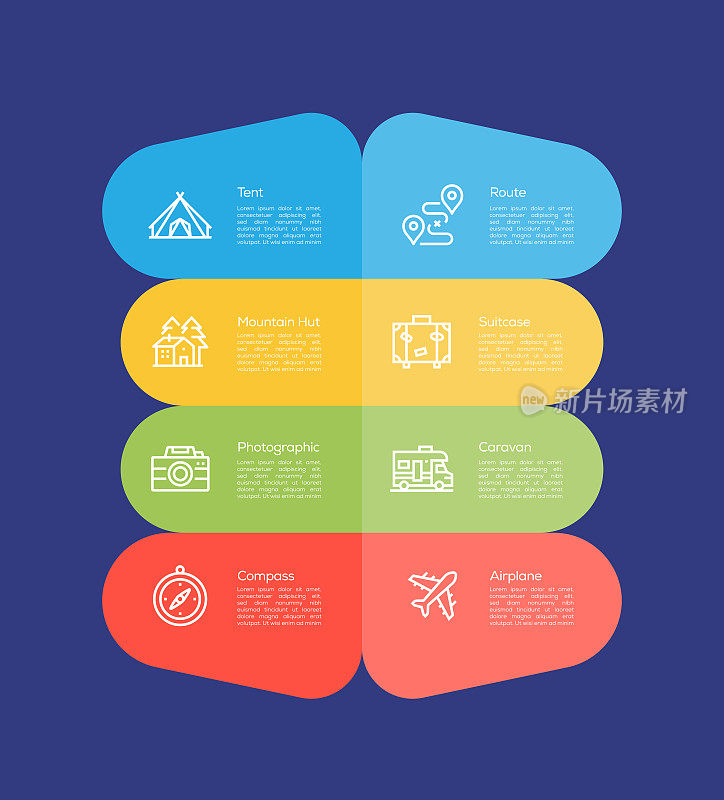 信息图表设计模板。帐篷，路线，山小屋，手提箱，摄影，大篷车，指南针，飞机图标8个选项或步骤。