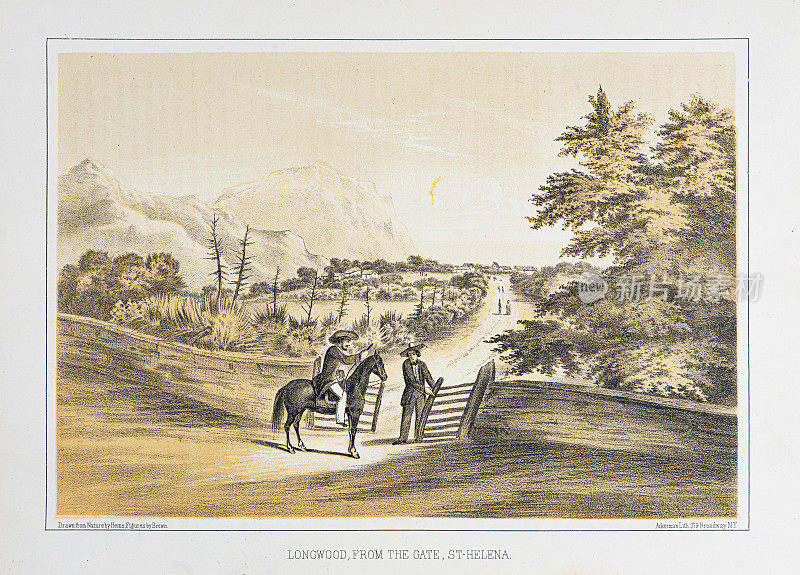 圣赫勒拿城门的朗伍德。-彩色平版印刷1856年